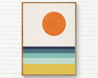 Geometric Abstract Landscape, Beach Sea Sun Abstract MidCentury Modern Wall Art, Minimalist Geometric Print 24x36