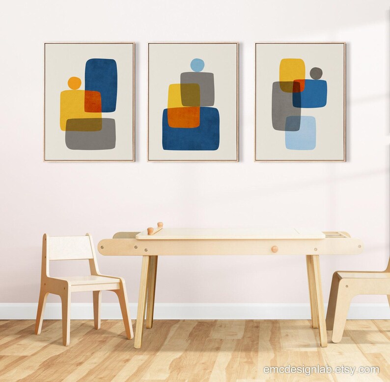 Set of 3 Abstract Modern Wall Art, Indigo Blue Mustard Yellow Gray ...