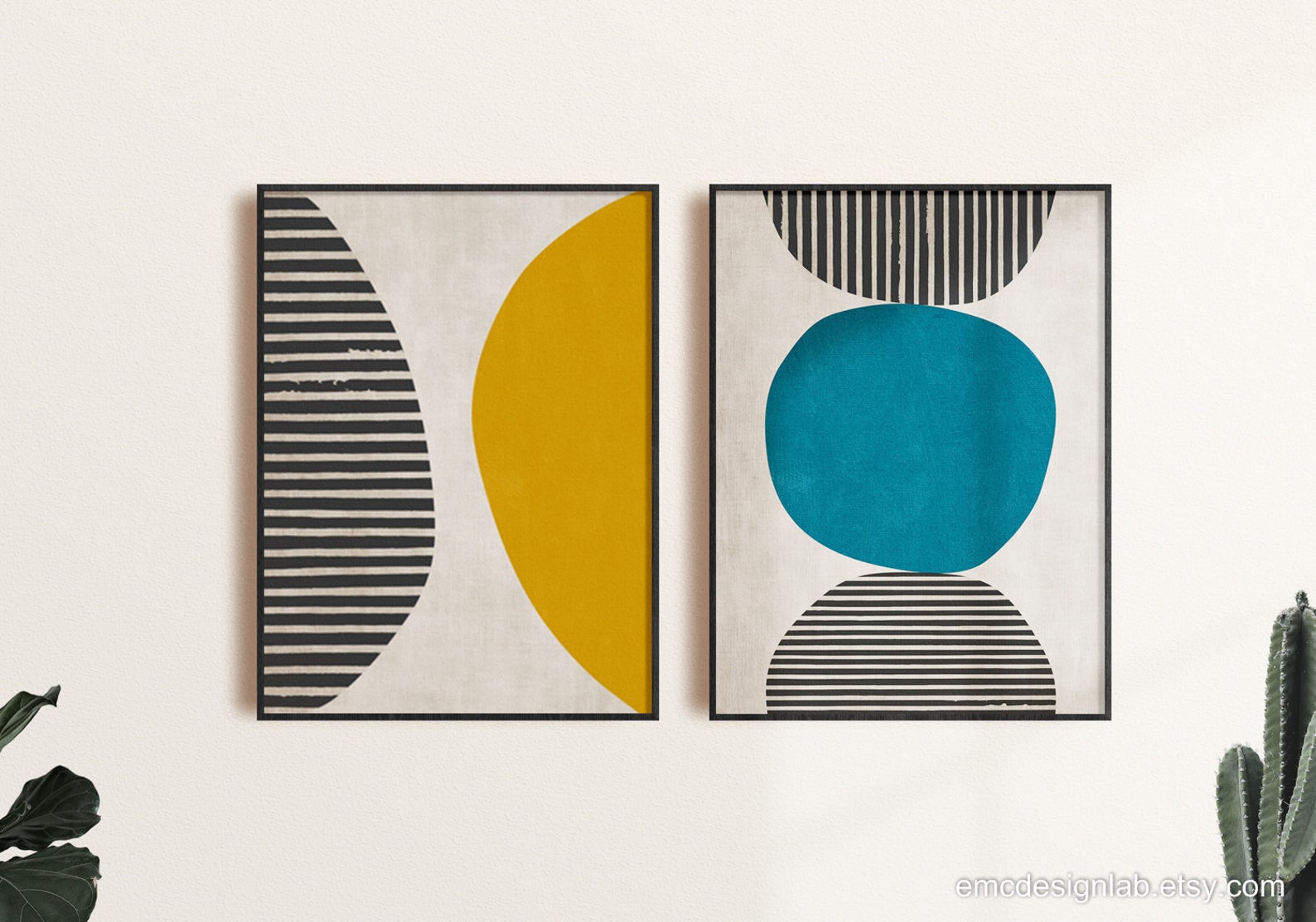 Set of 2 Dark Teal Mustard Yellow Wall Art Minimalism Bold - Etsy