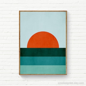 Minimalist Sunset Wall Art, Abstract Landscape Teal Orange, Mid-Century Modern Wall Art, Coastal Prints, Red Teal Green Wall Art