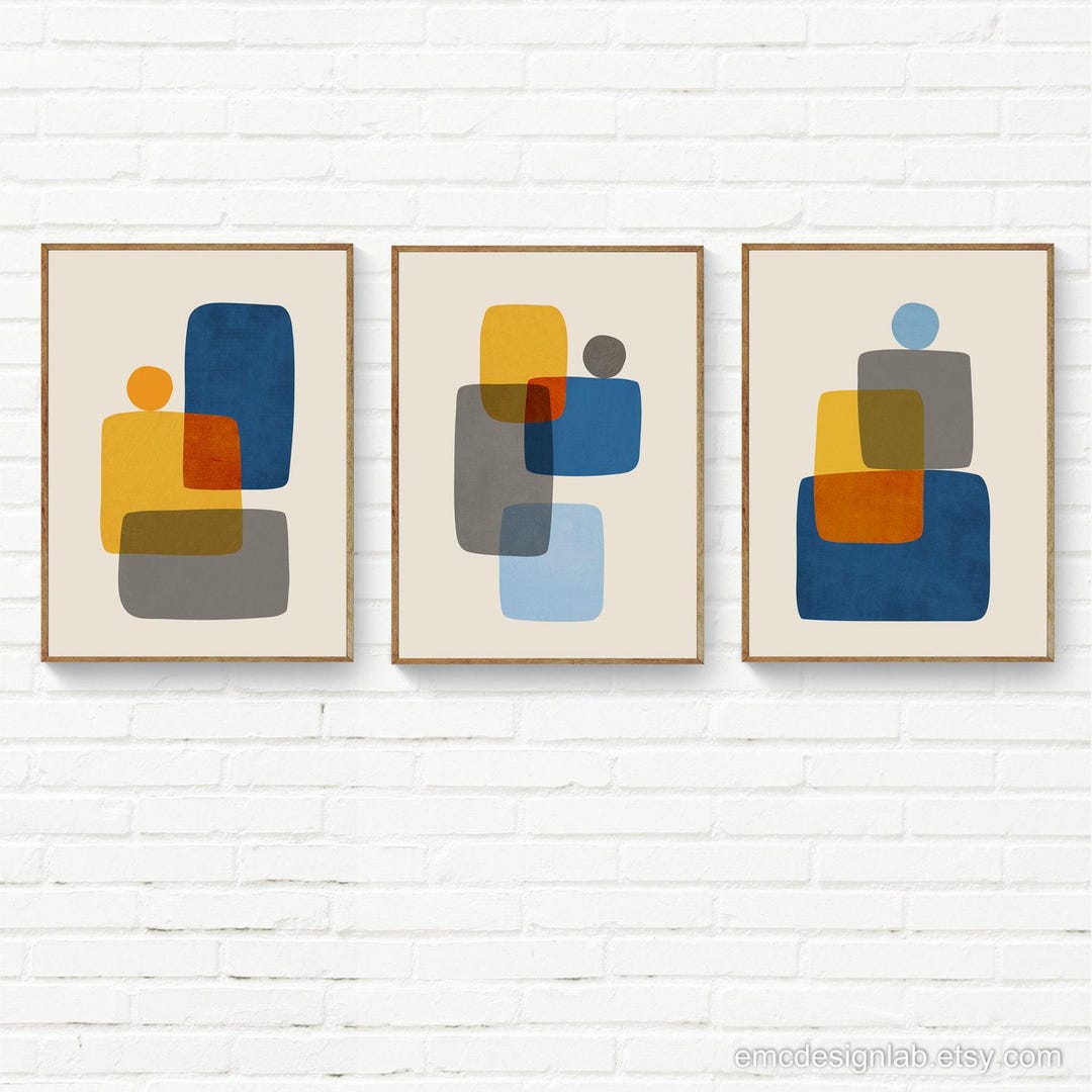 Set of 3 Abstract Modern Wall Art, Indigo Blue Mustard Yellow Gray ...