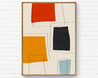 Mid-century Modern Artwork, Black Red Yellow Light Blue Minimalist