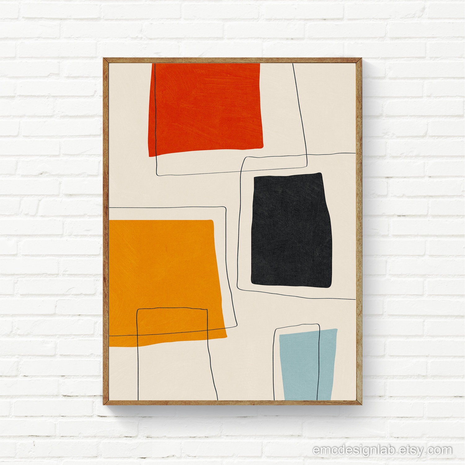 Mid-century Modern Artwork, Black Red Yellow Light Blue Minimalist