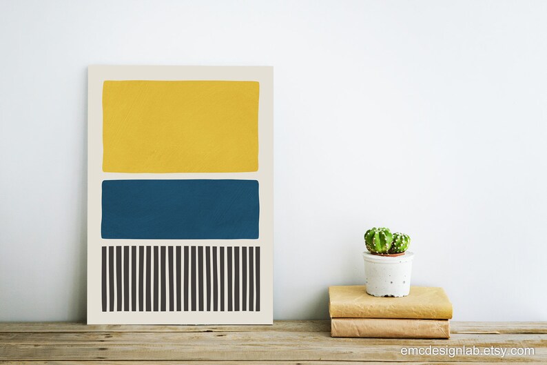 Blue & Mustard Wall Art Black and White Stripes Midcentury Etsy
