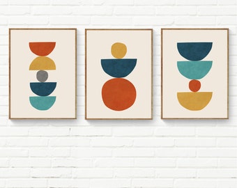 Set of 3 Prints in Mustard Teal Rust Navy & Gray Wall Art, SemiCircle Abstract Modern Art Set of 3, Nursery Decor, PlayRoom Print Set