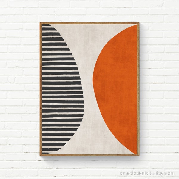 Burnt Orange Black Wall Art, Abstract Bold Print in Orange Black Beige, Organic Shapes, Half Moon Horizontal Lines