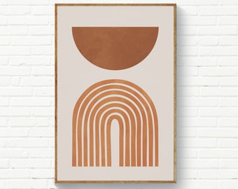 Arte de parede com arcos em tom laranja queimado, arcos minimalistas em terracota, gravuras modernas minimalistas, arte geométrica abstrata, gravuras boho
