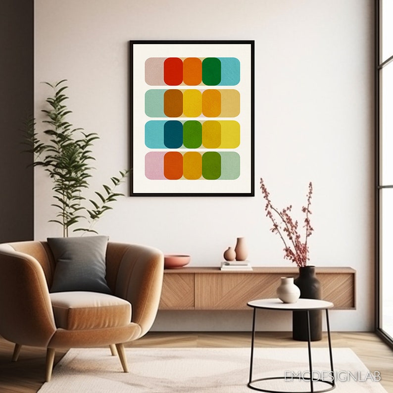 Abstract Mid Century Print Minimalist Modern Wall Art Abstract Geometric Artwork, Blue Red Orange Yellow Print image 3