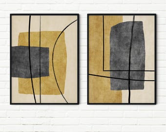 Set van 2 abstracte prints voor de woonkamer | Warme okerkleurige, houtskoolkleurige, geometrische decoratie