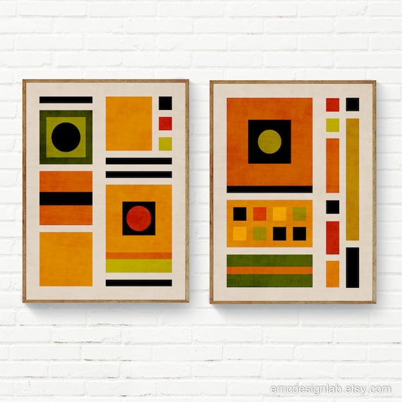 Geometric Modern Set Of 2 Prints In Bauhaus Style Orange Etsy