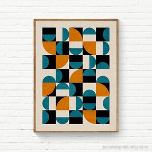 Teal Orange Geometric Checkered Modern Wall Art, Bauhaus Style Artwork, Black Orange Teal Artwork