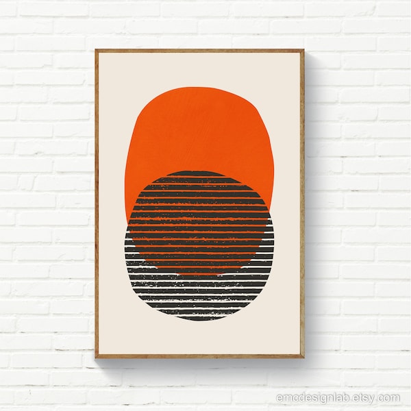 Original Wall Art in Orange Color, Black Horizontal Stripes Print, Modern Bold Wall Art, 70s Orange Prints, Space Age Atomic Orange Prints