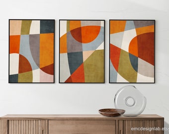 Set van 3 abstracte prints uit het midden van de 20e eeuw, canvas met een warm kleurenpalet, moderne geometrische decoratie.