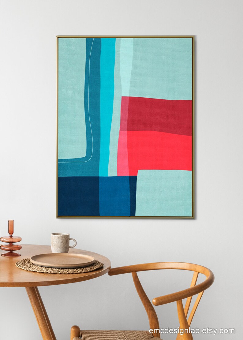 Blue & Red Abstract Wall Art Light Blue Navy Red Minimalist Etsy