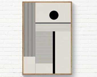 Geometrisches abstraktes Kunstwerk, Schwarzweiße Streifen Wandkunst, Mid-Century Minimalistische Kunst, Bauhaus-Stil Wandkunst