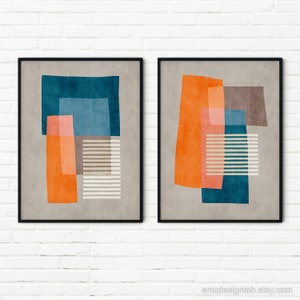 Original Unique Abstract Art Set 2 Prints Orange White Dark Teal Petrol Blue Beige Classy Artwork Set of 2 Digital Painting image 9