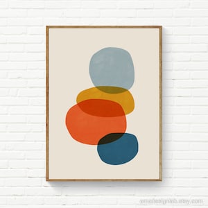 Stampa artistica su misura di arte murale moderna di metà secolo, arte di metà secolo, arredamento moderno per il soggiorno, arancione bruciato, azzurro senape