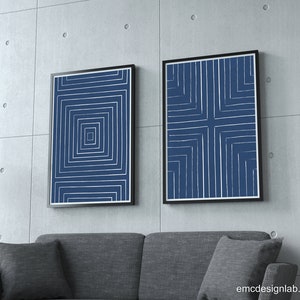 Blue & White Set of 2 Prints / Original Abstract Geometrical Lines ...