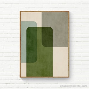 Modern Geometric Art Print Green Gray Wall Art, Simple Shapes Forest Green Light Blue Green Gray Art Print, Modern Minimalist Poster