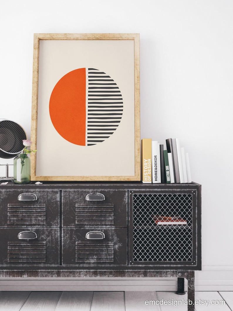 Bright Orange Dark Gray Wall Art, Bold Print Simple Shapes, Vibrant Print, Minimalist Pop Orange Black Wall Decor, Orange SemiCircle Art image 5