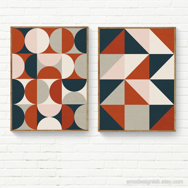 Burnt Orange Wall Art Blush Navy Beige Geometric Print Minimalist SemiCircles Art Moon Half Moon MidCentury Prints Living Room Art
