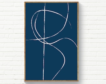 Line Art Marineblau Druck, Abstrakte minimalistische Wandkunst Druck, Line Art Blau und Weiß, Marineblau Einfache Wandkunst