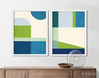 Fresh Abstract Geometric Set of 2 Prints | Green & Blue Contemporary Art
