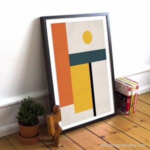 Obra de arte abstracta geométrica, impresión estilo Bauhaus, arte mural de mediados de siglo en tonos naranja, amarillo y verde azulado. imagen 5