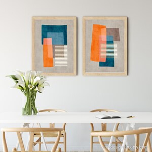 Original Unique Abstract Art Set 2 Prints Orange White Dark Teal Petrol Blue Beige Classy Artwork Set of 2 Digital Painting image 7