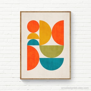 Orange Yellow Green Blue Teal Wall Art / Modern Nursery Playful Decor / Bright Neon Orange Wall Art / Vivid Geometric Print