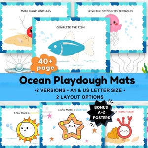 May include: A collection of 40+ ocean-themed playdough mats featuring illustrations of sea creatures like fish, jellyfish, and starfish. The pages include text prompts such as Make Claws and Legs, Complete the Fish, and I Can Make a Starfish, with blue scalloped borders and A4 and US letter size options.