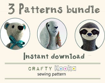 Plushie patterns pdf - animal sewing patterns with  step-by-step tutorials, Bear sewing pattern, bunny pattern, Sloth pdf pattern