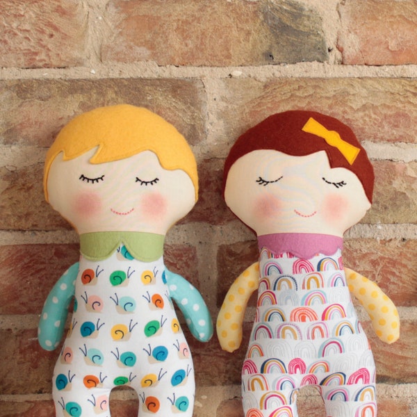 Rag Doll sewing pattern, stuffed toy pattern, button baby and her companion Robin, sew your own rag Doll, instant download pdf pattern