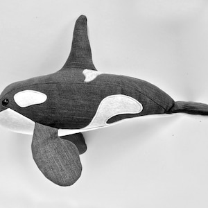 Orca sewing project toy pattern with appliqué detailing. Killer Whale pdf toy sewing tutorial,