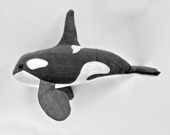 Orca sewing project toy pattern with appliqué detailing. Killer Whale pdf toy sewing tutorial,