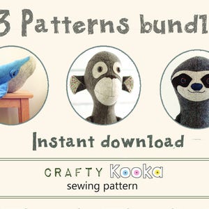 Sewing patterns pdf - stuffed animal pattern, step-by-step sewing tutorials, Whale sewing pattern, Monkey pattern, Sloth pdf pattern