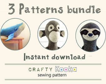 Sewing patterns pdf - stuffed animal pattern, step-by-step sewing tutorials, Whale sewing pattern, Monkey pattern, Sloth pdf pattern
