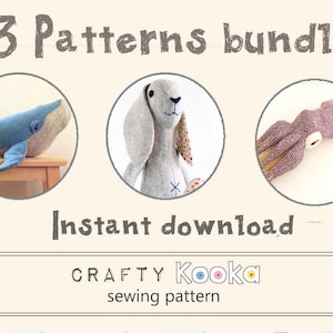 Felt Animal Sewing Patterns: Whale, Bunny, Squid (PDF Pattern)