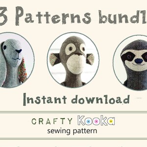 May include: A digital download bundle of three sewing patterns for plush toys. The patterns include a bunny, a monkey, and a sloth. The patterns are available for instant download. The text "CRAFTY Kooka sewing pattern" is at the bottom of the image.