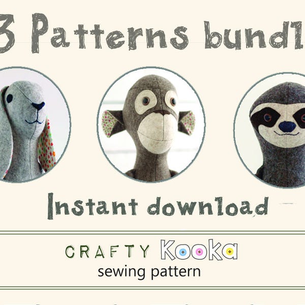 Stuffed toy sewing pattern pdf - step-by-step sewing tutorials, Bunny Rabbit pattern, Monkey pattern, Sloth pdf pattern