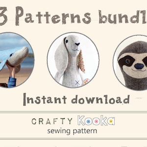 Stuffed Animal Sewing Pattern PDF Bundle: Whale, Bunny, Sloth (Digital Download)
