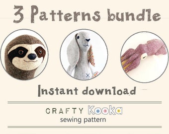 Felt animal patterns bundle, step-by-step sewing tutorials, sloth pattern, bunny rabbit pattern and squid pdf pattern