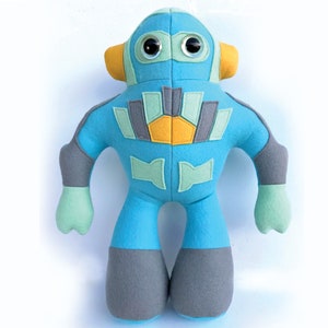 B-movie Robot plush toy sewing pattern with appliqué detailing. Robot pdf toy sewing tutorial,
