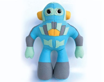 B-movie Robot plush toy sewing pattern with appliqué detailing. Robot pdf toy sewing tutorial,