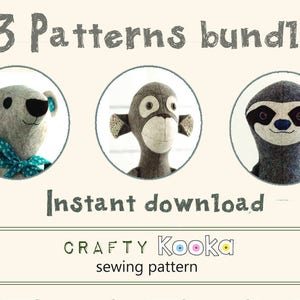 May include: A digital download bundle of three sewing patterns for plush toys. The patterns include a bear, a monkey, and a sloth. The patterns are available for instant download. The text "Crafty Kooka sewing pattern" is also included in the image.