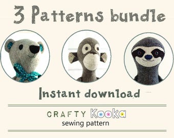 Stuffed toy sewing pattern pdf - step-by-step sewing tutorials, Memory Bear sewing pattern, Monkey pattern, Sloth pdf pattern