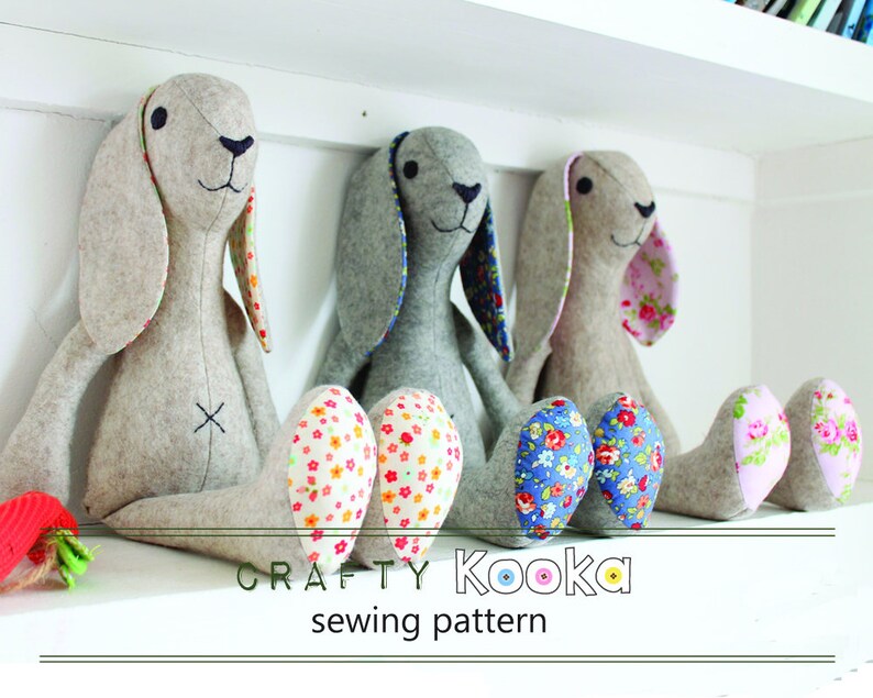 Bunny rabbit sewing pattern bundle, from left to right, floppy ear rabbit, ...