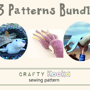 Puede incluir: Un paquete de tres patrones de costura para peluches. Los patrones incluyen una foca, un pulpo y una ballena. Los patrones son de Crafty Kooka.