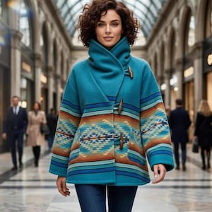 Op de afbeelding: Een tealkleurige jas van wolmix met een hoge kraag, drie houten knevelsluitingen en een horizontaal geometrisch patroon in oranje, blauwe en witte tinten over het middenstuk en de mouwen, gecombineerd met een donkerblauwe spijkerbroek.