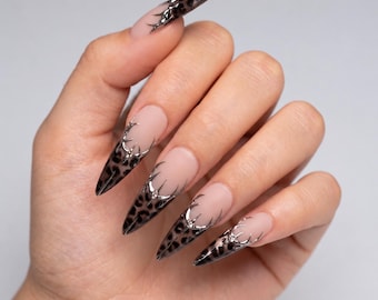 Leopard French Tip Silver Press On Nails/Smoky Cat Eye Rhinestone Nails/Edgy Woodland Nails/Long Stiletto Nails/Handmade Gift for Her